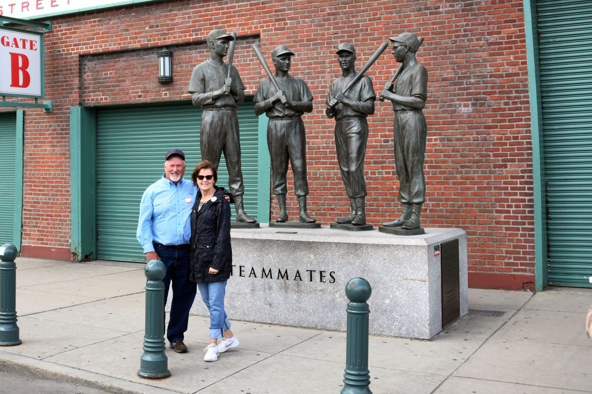 169 Ron and Connie Nickel pose with the Teammates statue which honors 4 Red Sox greats who were life-long friends..jpg